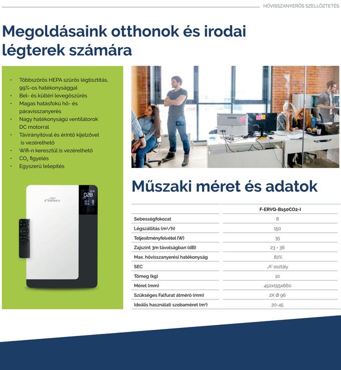 Fsiher F-ERVQ-B150CO2-I egyhelyiséges kétcsöves hővisszanyerős szellőztető műszaki adatlap