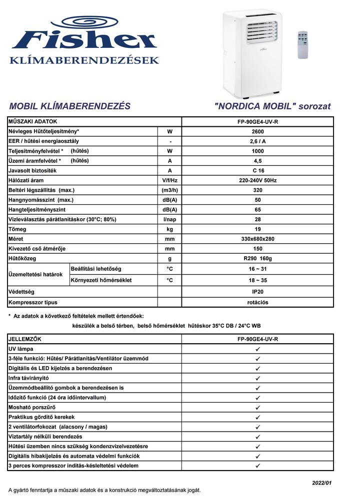 Fisher Nordica mobilklíma műszaki adatlap
